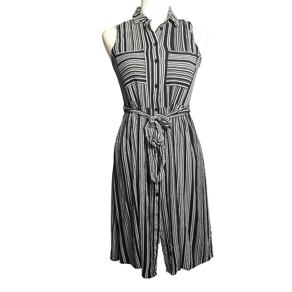 Who What Wear Sleeveless Dress Midi Button Front Black White Stripe Small Womens